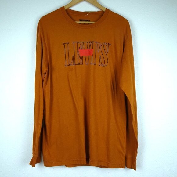 Levi's Long Sleeve T-Shirt Men's Size M Brown Spell Out Logo Flawed Read Descr - Picture 1 of 9